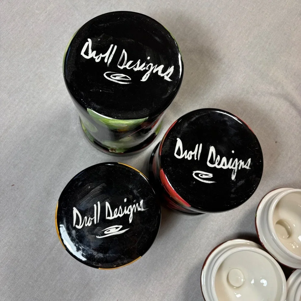 Droll Designs Hand Painted Ceramic Fruit Canister Set 3pc Cottage core Dark